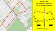 Mapa objazdu i znak drogowy z oznaczeniami objazdu - Budowa tunelu