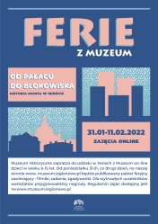Plakat - ferie z muzeum, w tle grafiki z budynkami