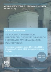 Plakat promujący prelekcję, w tle stare zabudowania