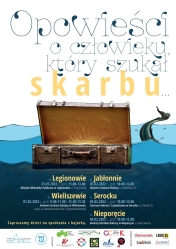 Opowieści na ferie - spotkania z bajarką; w tle kuferek