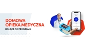 Na garfice napis - Domowa opieka medyczna, w tle wizerunek lekarza, obok pulsoksymetr