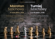 Grafika informująca o maratonie i turnieju szachowym, w tle figury szachowe