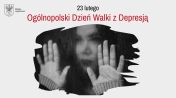 Grafika z napisem Ogólnopolski Dzień Walki z Depresją, Osoba za szybą trzyma dłonie na szybie