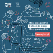 Grafika z narysowanymi konturowo kilkoma osobami; napis: Masz głos zdalnie