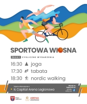 Grafika informująca o zajęciach z jogi, tabaty, nordic walking