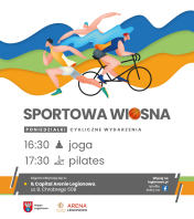 Grafika informująca o zajęciach z jogi i pilatesu