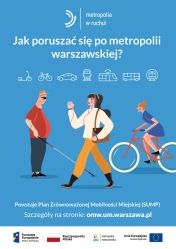 Grafika z trzema osobami; napis: Jak poruszać się po metropolii warszawskiej?