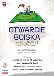 Plakat promujący otwarcie boiska na Osiedlu Piaski w Legionowie; treść w aktualności.