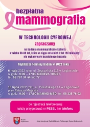 Plakat informujący o terminach badań mammograficznych w Legionowie