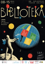 Ludzka postać wkładająca księżkę w globus - plakat promujący Tydzień Bibliotek