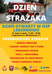 Plakat promujący dzień otwarty w OSP Legionowo; w tle wóz strażacki