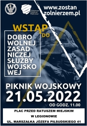 Plakat promujący piknik wojskowy; wtle żołnierz