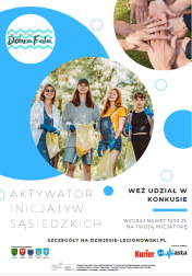Plakat promujący projekt; w tle zdjęcie grupy uśmiechniętych osób
