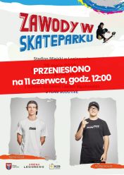 Plakat promujący zawody w skateparku; zdjęcia dwóch chłopaków