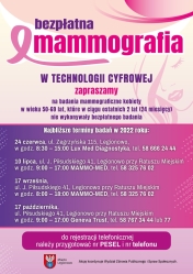 Plakat informujący o terminach badań mammograficznych w Legionowie