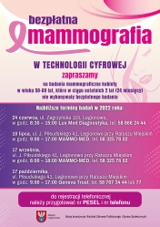 Plakat informujący o terminach badań mammograficznych w Legionowie
