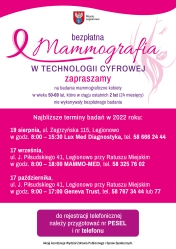 Plakat informujący o terminach badań mammograficznych w Legionowie