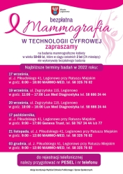Plakat informujący o terminach badań mammograficznych w Legionowie