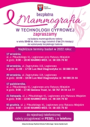 Plakat informujący o terminach badań mammograficznych w Legionowie