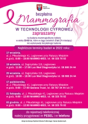 Plakat informujący o terminach badań mammograficznych w Legionowie