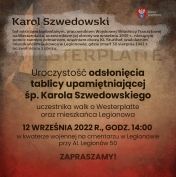 Zaproszenie na odsłonięcie tablicy upamiętniającej Karola Szwedowskiego