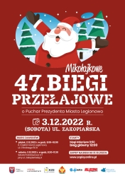 Plakat promujący Mikołajkowe 47. Biegi Przełajowe; uśmiecyhnięty Mikołaj