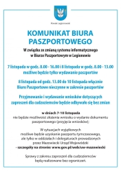 Plakat informujący o zmianach w biurze paszportowym