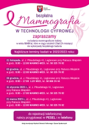 Plakat informujący o terminach badań mammograficznych w Legionowie