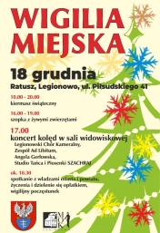 Plakat promujący Wigilię Miejską, w tle bożonarodzeniowa choinka