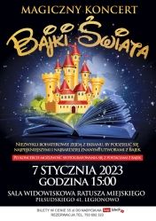 Plakat promujący magiczny koncert - Bajki Świata, w tle zamek Disney'a