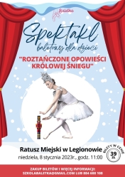 Plakat promujący spektakl baletowy dla dzieci, w tle baletnica