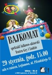 Plakat promujący Niedzielne Spotkania z Bajką 'Bajkomat'