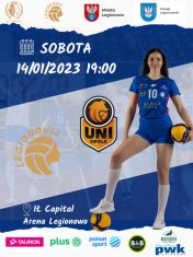 Plakat promujący mecz LTS Legionovia - UNI Opole