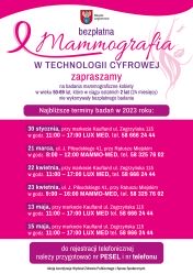 Plakat informujący o terminach badań mammograficznych w Legionowie