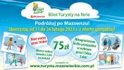 Plakat reklamujący ofertę Kolei Mazowieckich na ferie - Bilet Turysty