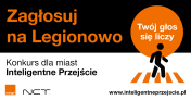 Grafika z napisem - Zagłosuj na Legionowo - Konkurs dla miast: Iteligentne Przejście; obok wizerunek pieszego na przejściu