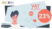 Grafika promująca kampanię - Nasze drogie ciepło - w tle mapa Europy z zaznaczoną Polską. W Europie VAT na ciepło 5%, w Polsce 23%