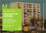Plakat promujący wykład - Historia komunikacji autobusowej w Legionowie; w tle blok i ulica