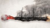 Grafika przedstawiająca żarzącą się, spaloną zapałkę; ze spalonej cześci wyłania się spalony las