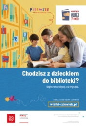 Plakat, męzczyzna i kobieta z dwójką dzieci i książka