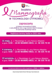 Plakat informujący o terminach badań mammograficznych w Legionowie