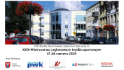 Grafika reklamująca XXIV Mistrzostwa Legionowa w brydżu sportowym; budynek dworca