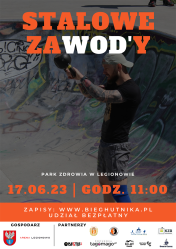 Plakat promujący Stalowe Zawody w Legionowie, w tle mężczyzna unoszący ciężarek