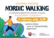 Plakat promujący Otwarty Trening Nordic Walking