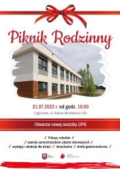 Plakat z informacją o otwarciu nowej siedziby OPS w Legionowie