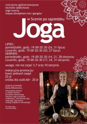 Plakat informujący o zajęciach z jogi w scenie po sąsiedzku