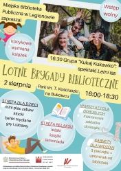 Plakat informujący o pikniku 'lotne brygady bibliteczne'