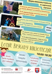 Plakat informujący o pikniku 'lotne brygady bibliteczne'