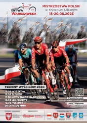 Plakat promujący Tour Bitwa Warszawska Mistrzostwa Polski w kryterium ulicznym, w tle kolarze