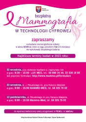 Plakat informujący o terminach badań mammograficznych w Legionowie